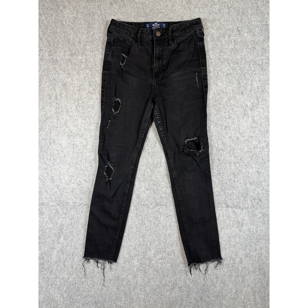 Hollister Womens High Rise Super Skinny Jeans 3S Black Distressed Raw Hem Denim